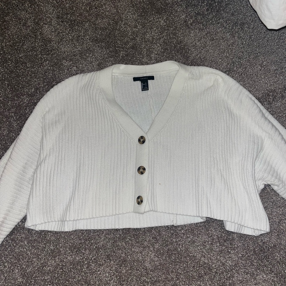 Forever 21 Cream V-Neck Button-Up Sweater